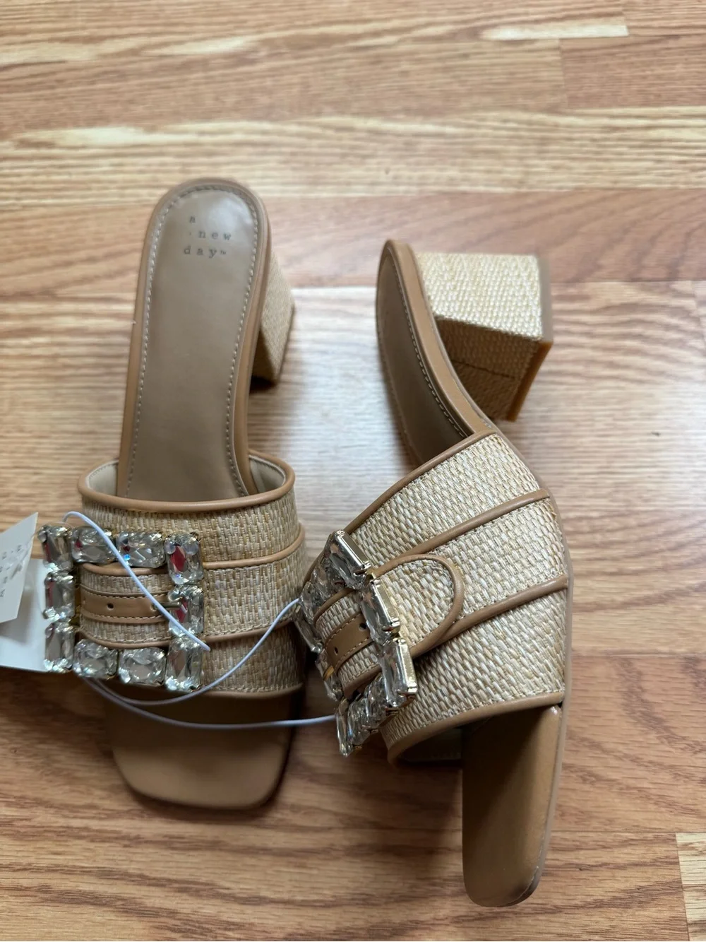 NWT A New Day Tan Raffia Rhinestone Buckle Block Heel Mules Size 10
